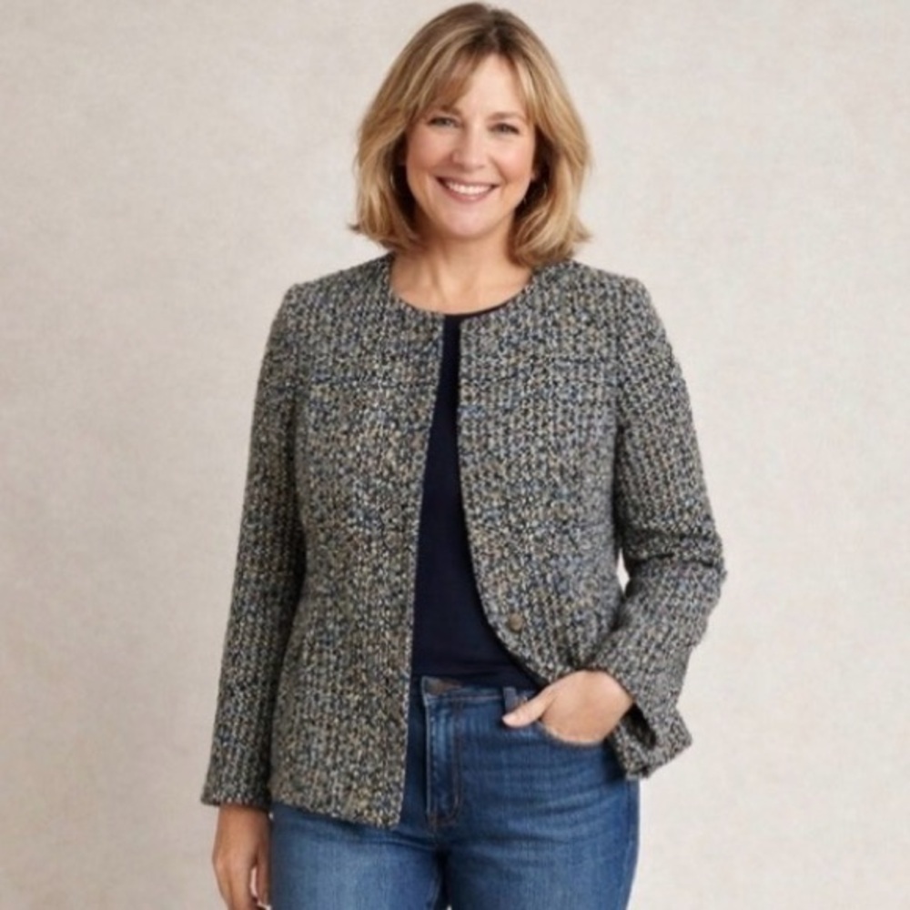 Talbots Tweed Bouclé Jacket – Size 8P (Petite) | Blue & Beige Snap-Front
